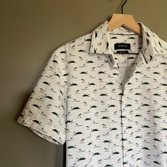 BUGATCHI Milo Island Print OoohCotton Short Sleeve Shirt Size‎ Medium Polo Golf - Picture 7 of 16
